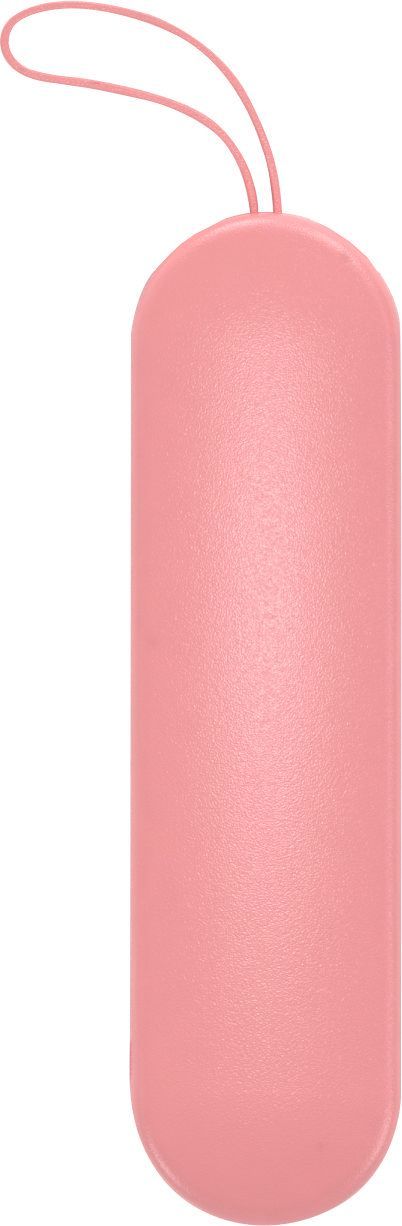 Pink cylindrical object with a strap on a white background