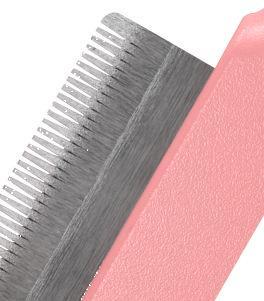 Close-up of a pink comb with metal teeth on a white background