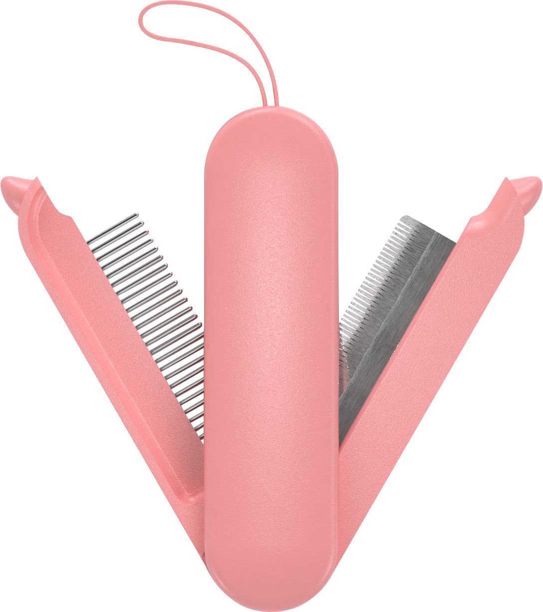Pink comb set with two combs and a carrying case on a white background