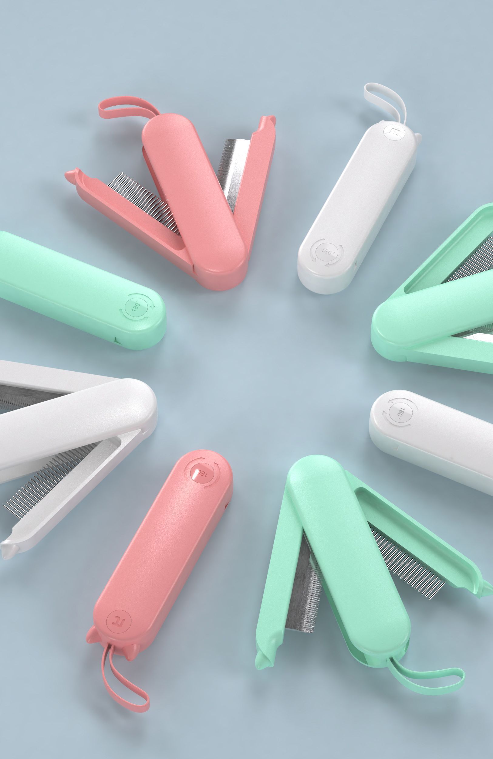 Set of grooming tools including combs and clips on a light blue background