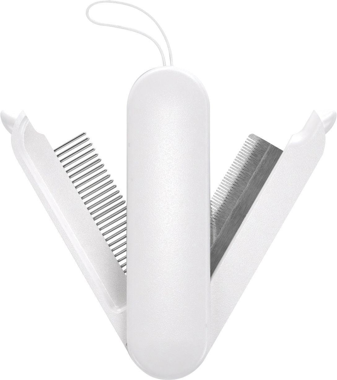 White comb and brush set with a clear plastic cover on a white background