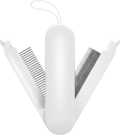 White comb and brush set with a clear plastic cover on a white background