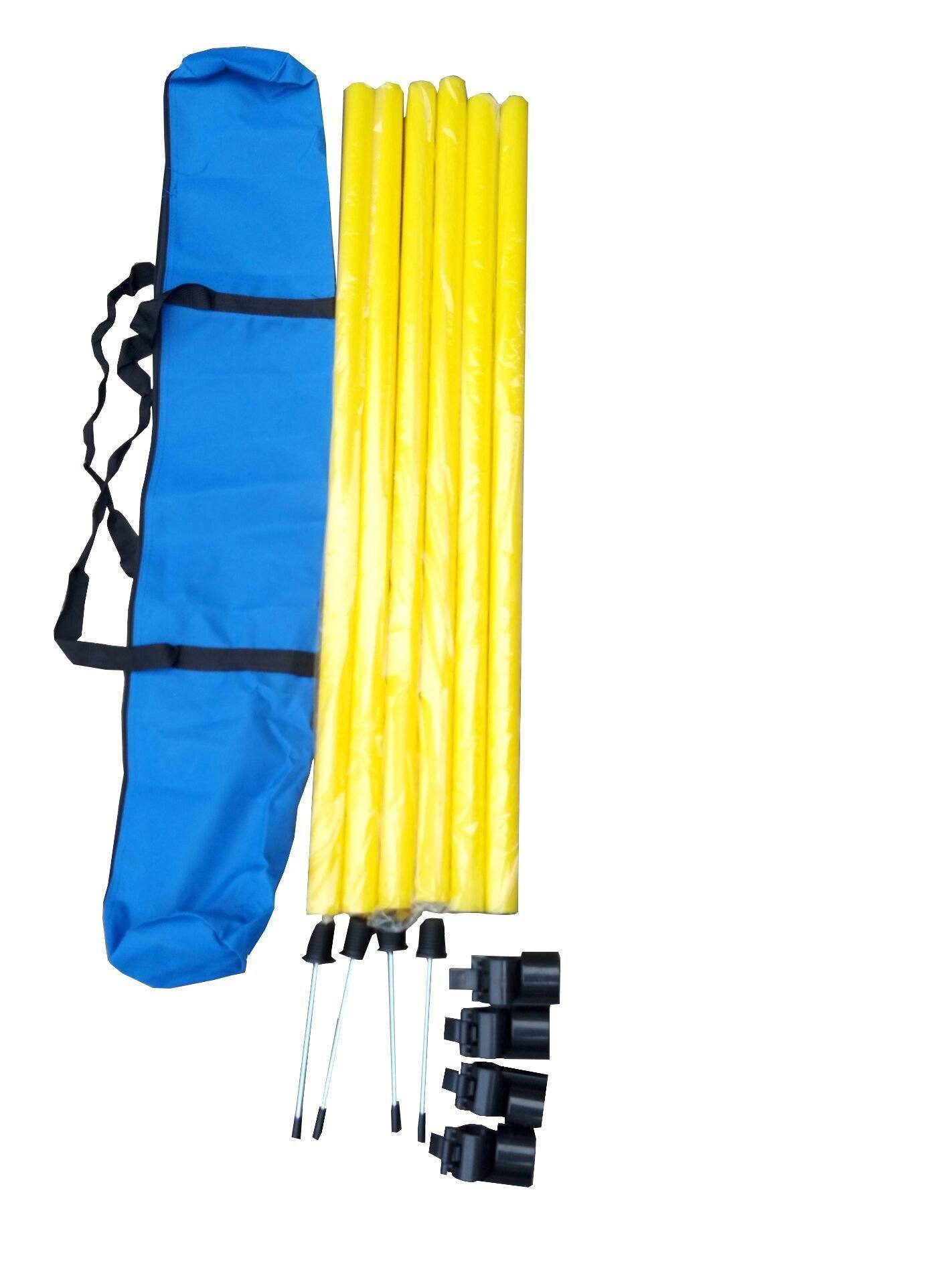 Yellow poles with black ends and blue carrying case on a white background