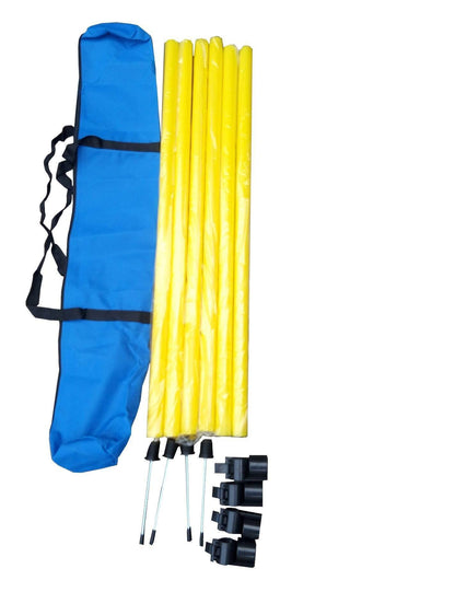 Yellow poles with black ends and blue carrying case on a white background