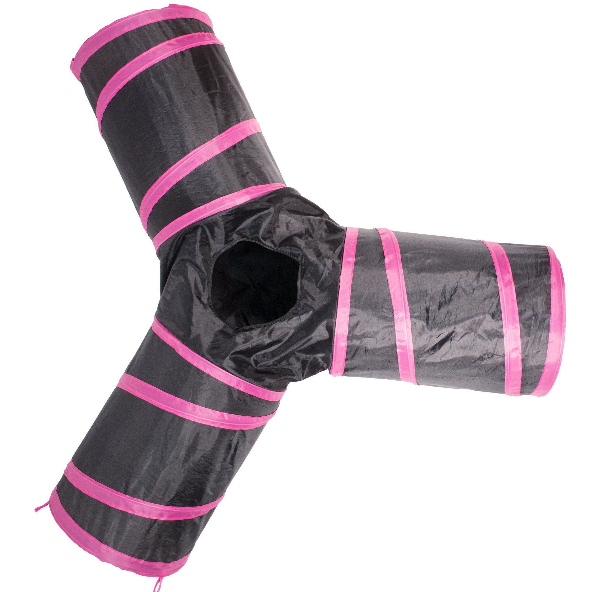 Black and pink striped tunnel toy on a white background