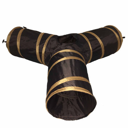 Black and gold striped tunnel toy on a white background