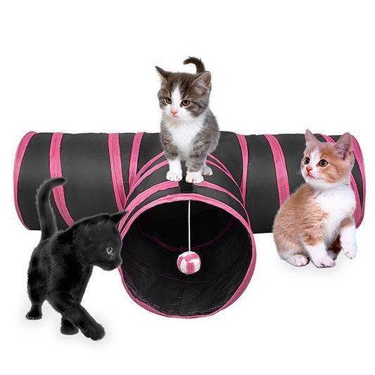 Cat tunnel with pink interior and a ball, surrounded by three cats on a white background