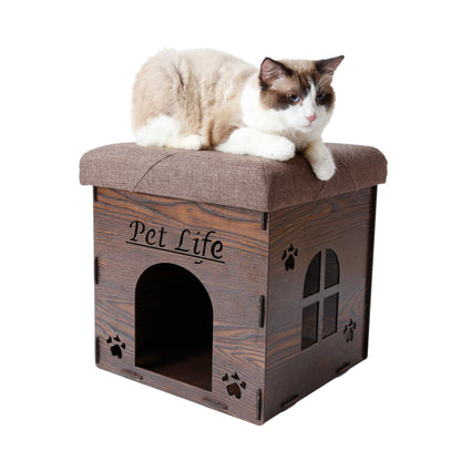 Cat sitting on a wooden pet house with 'Pet Life' branding.
