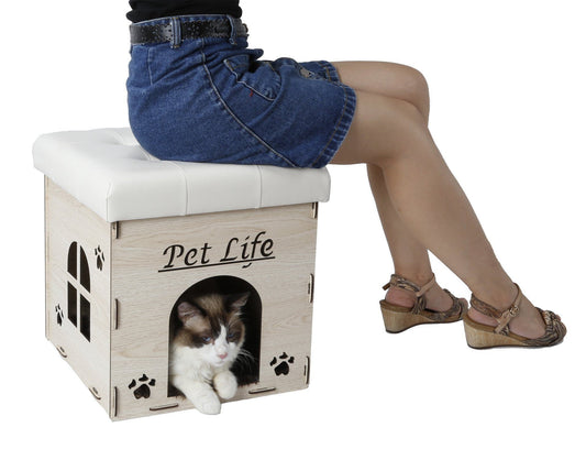 Person sitting on a 'Pet Life' cat house with a cat inside, on a white background