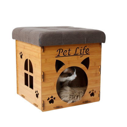 Wooden pet house with gray cushion labeled 'Pet Life' on a white background