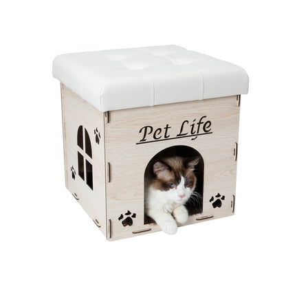 Wooden pet house with a white cushion labeled 'Pet Life' featuring a cat inside.