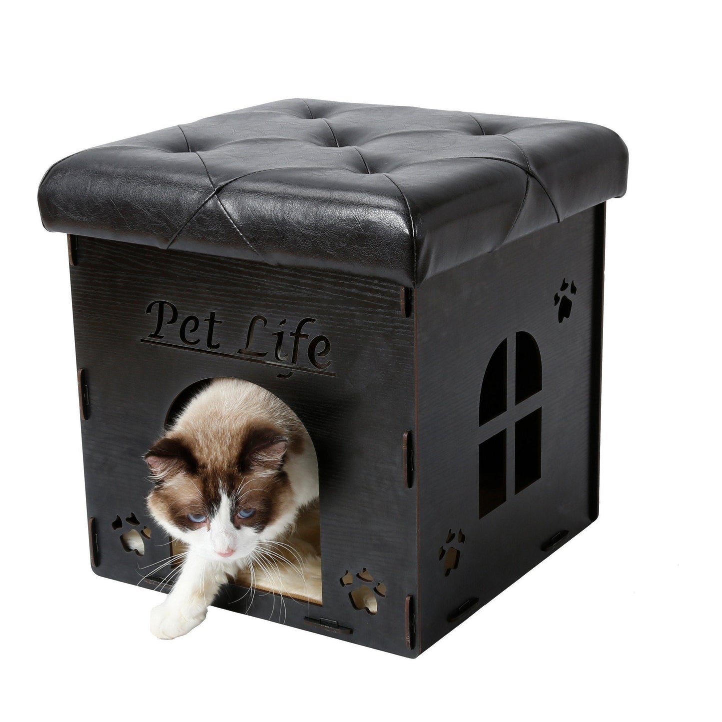 Cat peeking out from a black pet house with 'Pet Life' branding on a white background