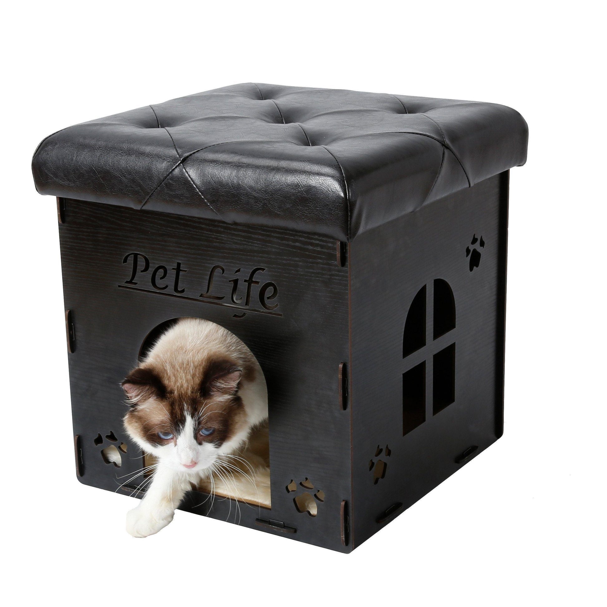 Cat peeking out from a black pet house with 'Pet Life' branding on a white background