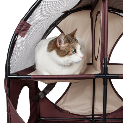 Cat inside a pet playpen with a white background