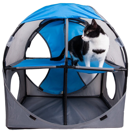 Cat inside a blue and gray pet playpen on a white background