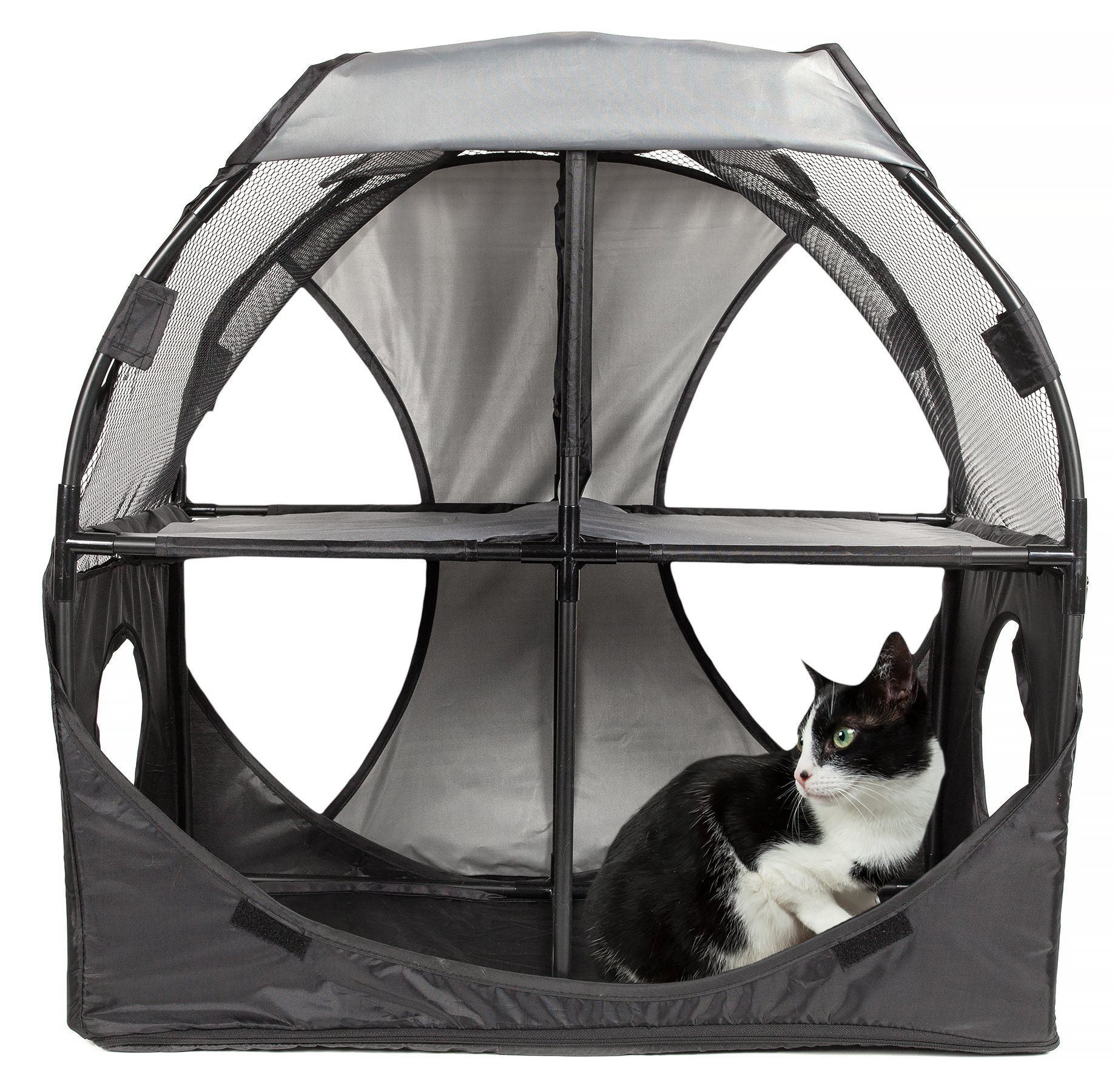 Cat inside a gray pet enclosure with a white background