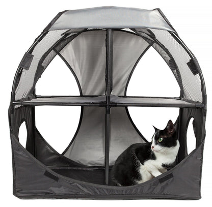 Cat inside a gray pet enclosure with a white background