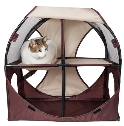 Cat inside a portable pet pen with beige interior and maroon exterior