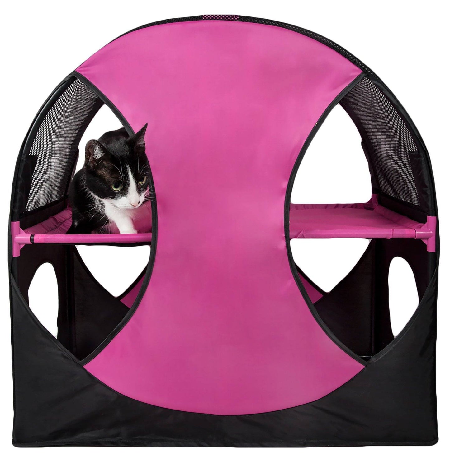 Pink and black pet playpen with a cat peeking out