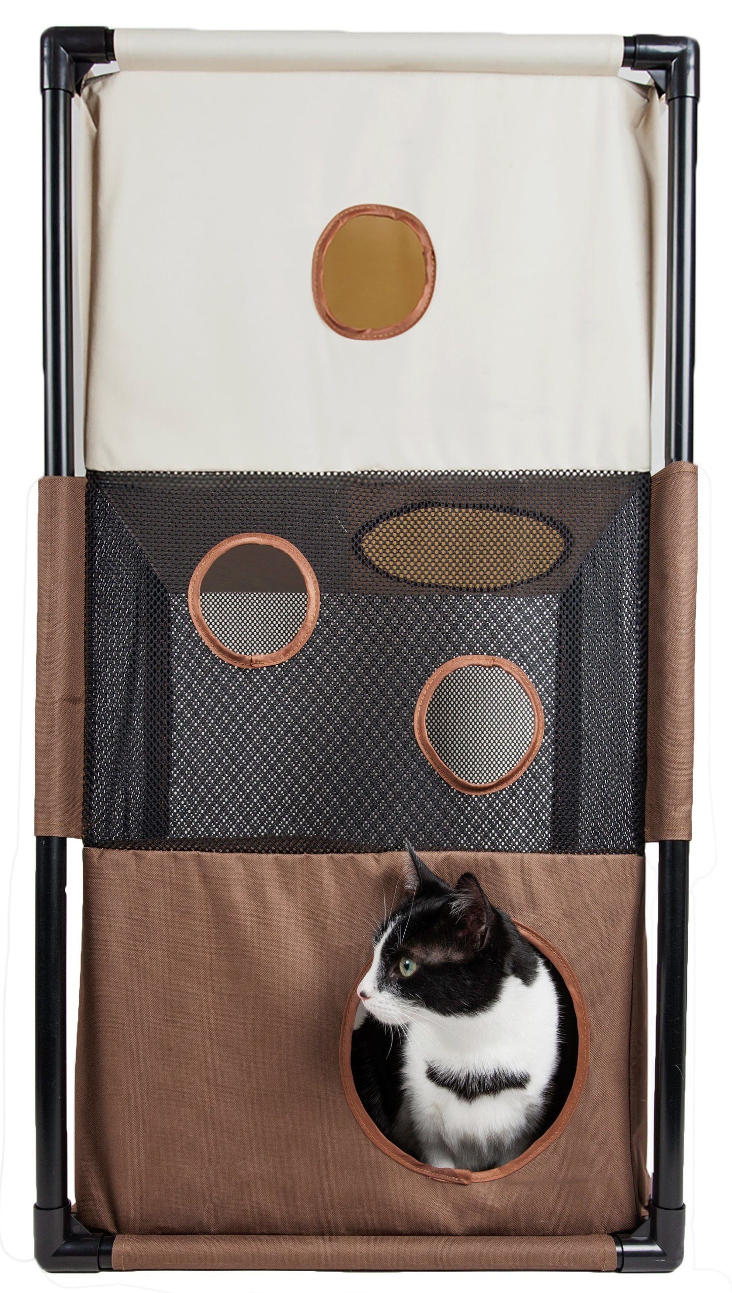 Cat playing with a brown and beige pet playpen with tunnels