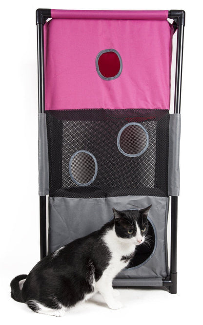 Cat sitting inside a pink and gray pet playpen with mesh sides.