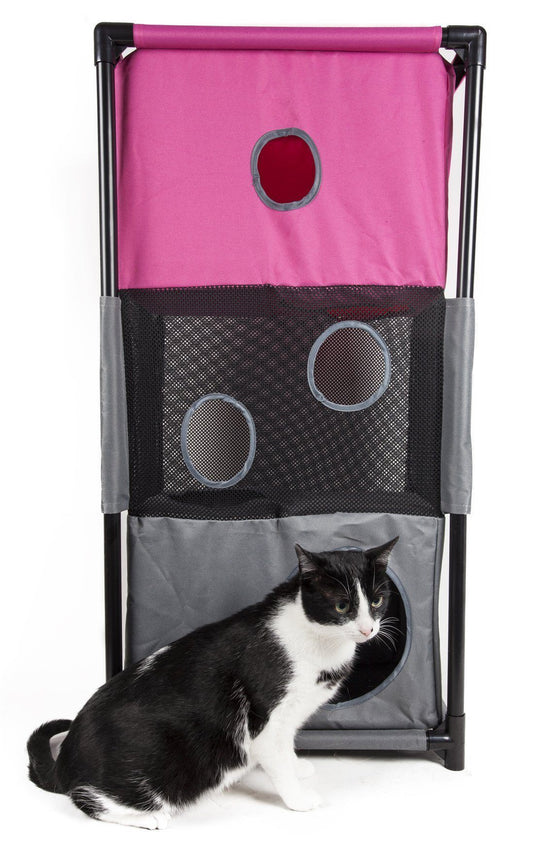 Cat sitting inside a pink and gray pet playpen with mesh sides.