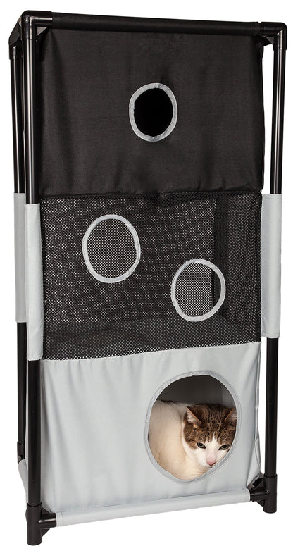 Pet playpen with multiple openings and a cat peeking out.