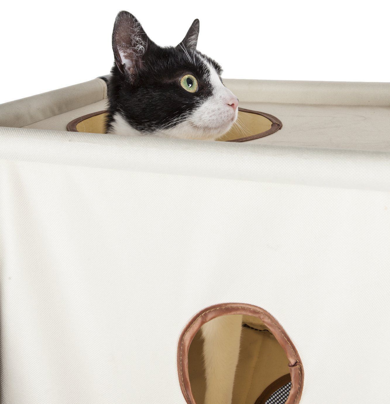 Black and white cat peeking out from a white pet bed with brown accents