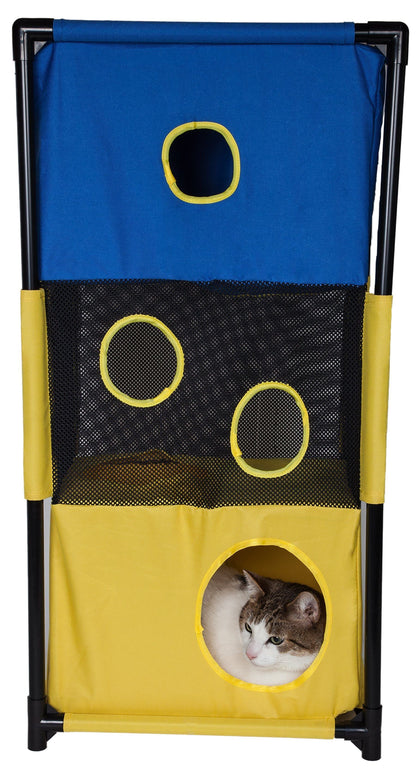 Multilevel pet play structure with blue and yellow colors and a cat inside.
