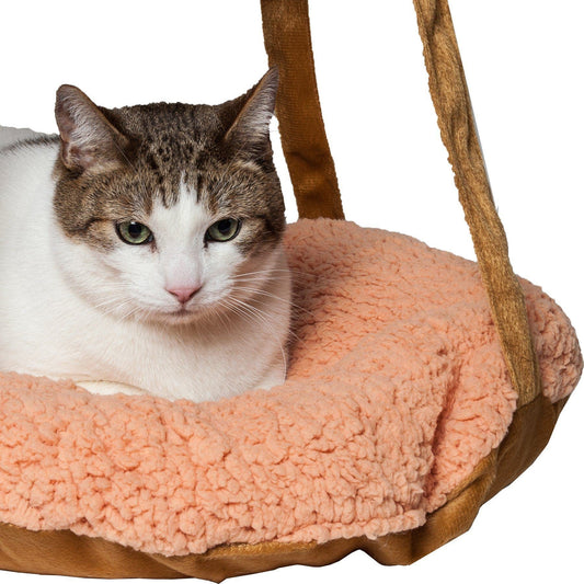 Cat sitting on a pink cushioned cat tree with a white background