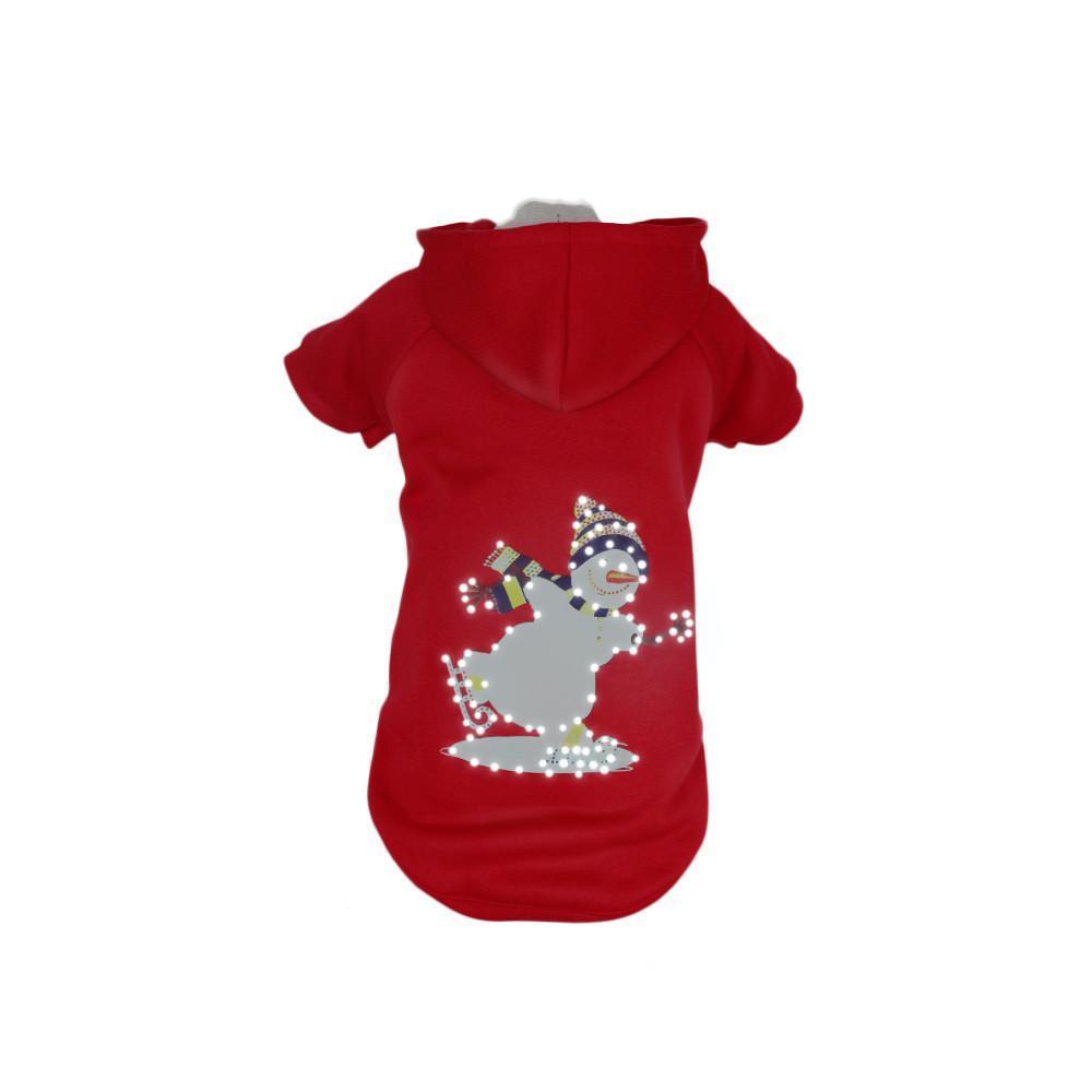 Red dog hoodie with a snowman design on a white background