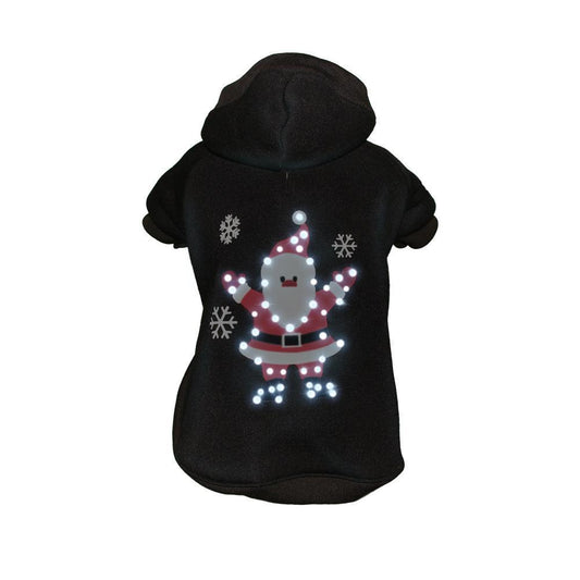 Black hoodie with LED Santa Claus design on a white background