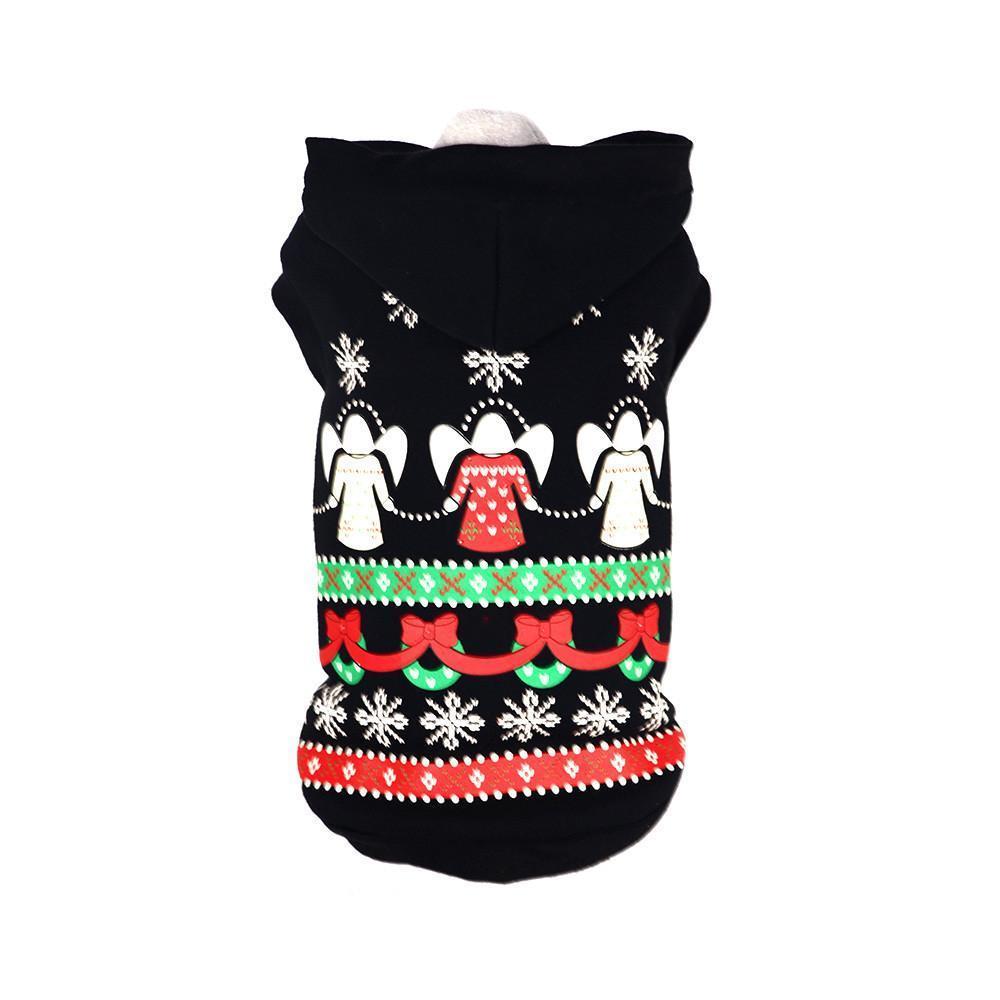 Black dog sweater with Christmas-themed design on a white background