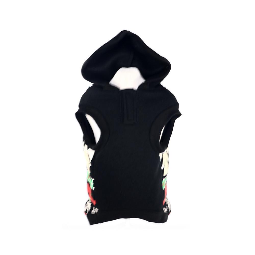 Black sleeveless hoodie with floral patterns on a white background