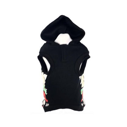 Black sleeveless hoodie with floral patterns on a white background