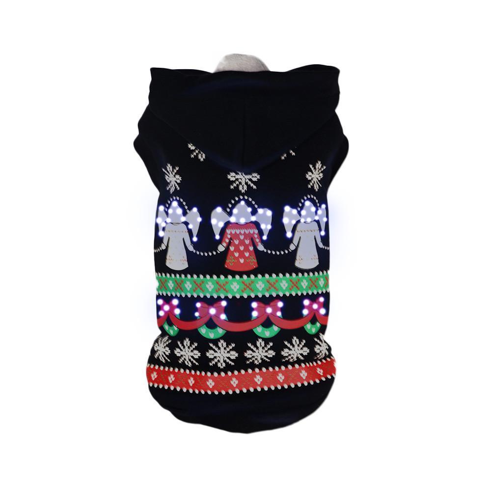 Black dog sweater with colorful Christmas-themed pattern on a white background