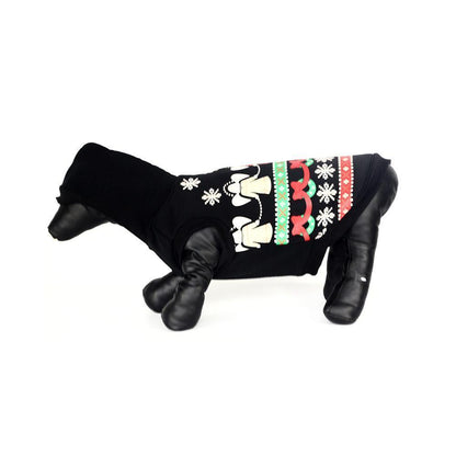 Black dog sweater with colorful pattern on a white background