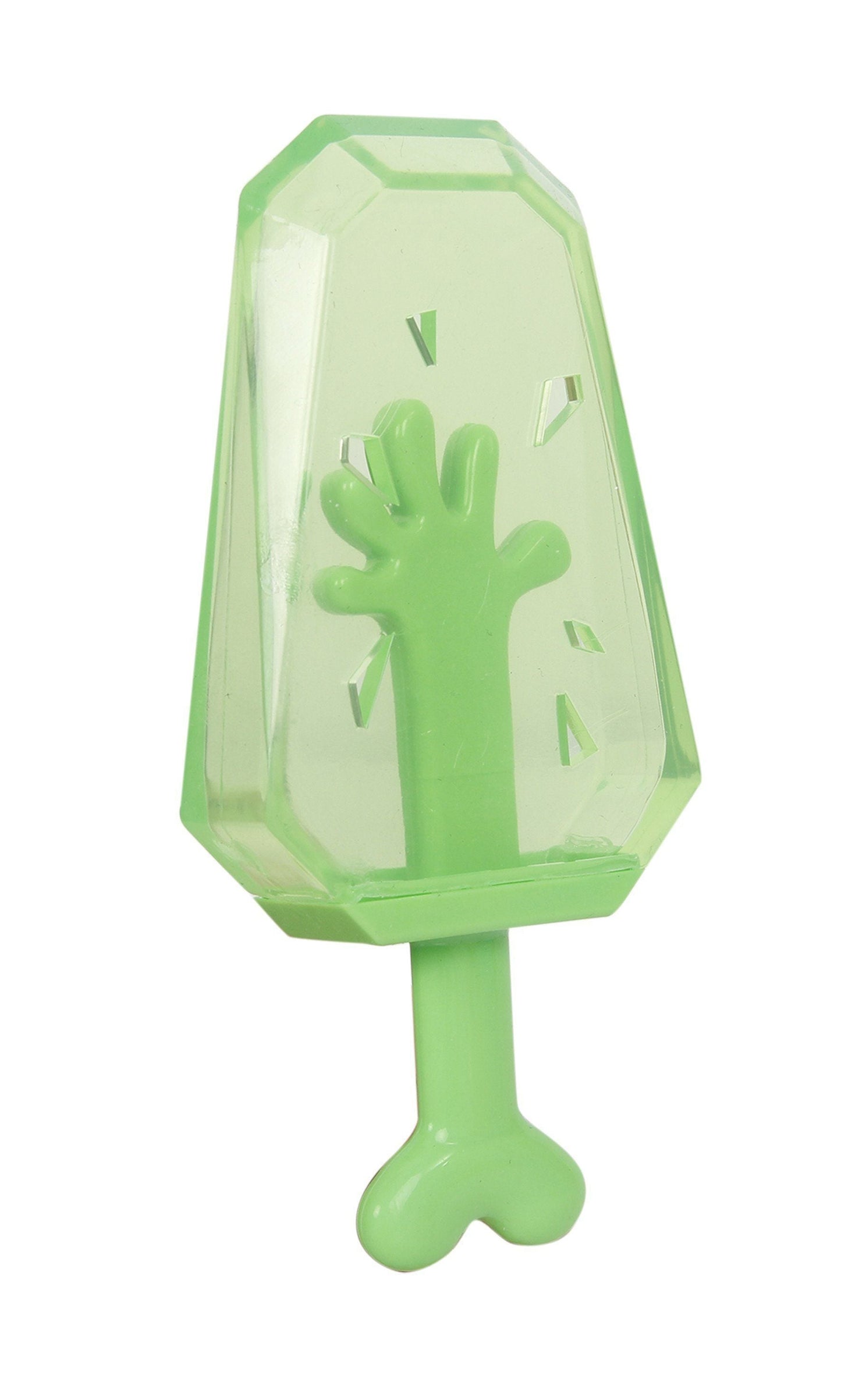 Green ice cream-shaped mold with a hand print on a white background