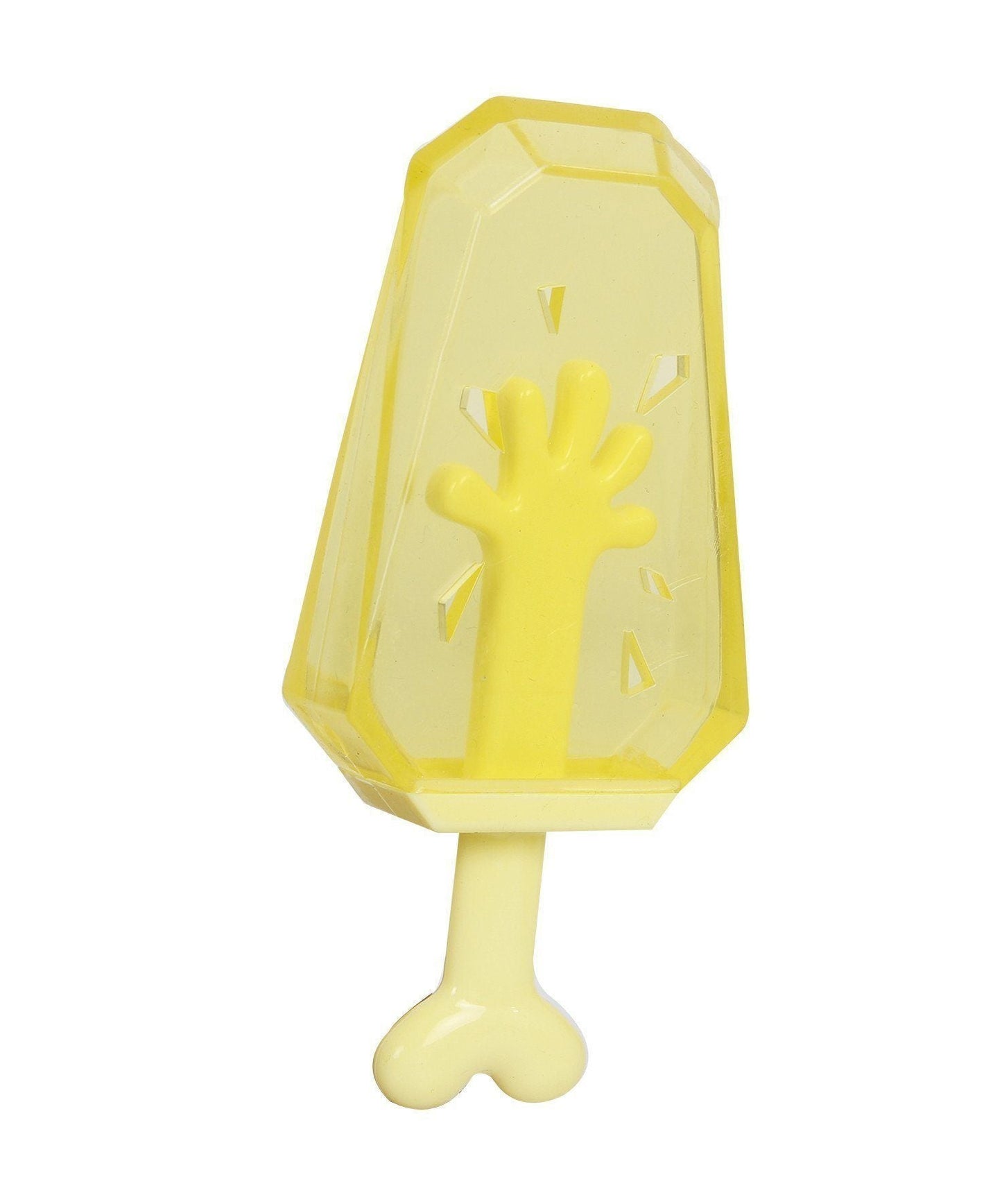 Yellow ice cream mold with a hand print on a white background