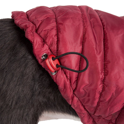 Red puffer dog coat with a black strap on a white background