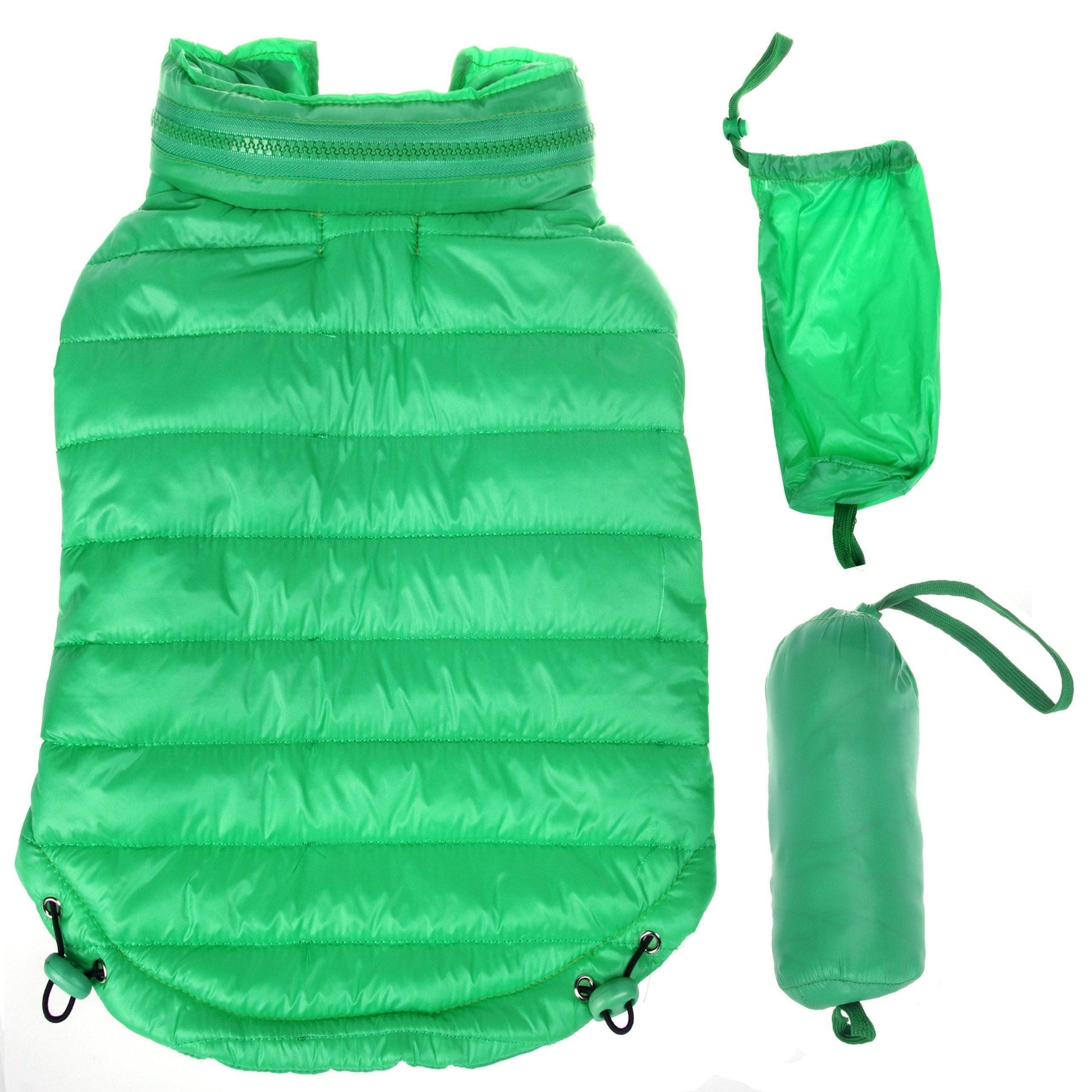 Green puffer vest with compression bag on a white background