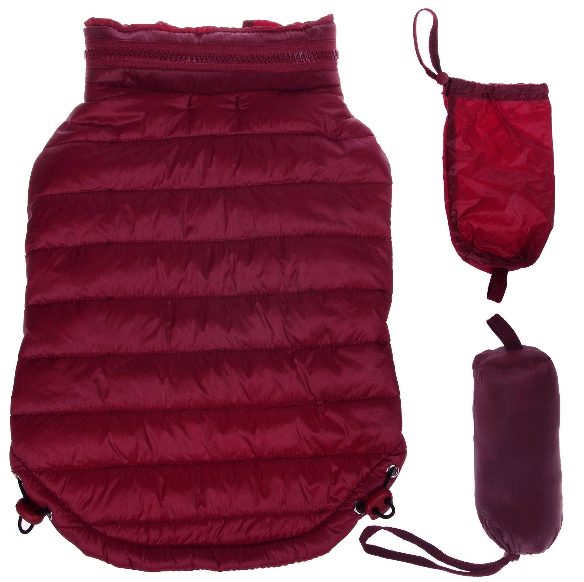Red puffer dog coat with matching mittens and pouch on a white background