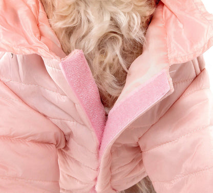 Close-up of a pink quilted jacket with fluffy texture
