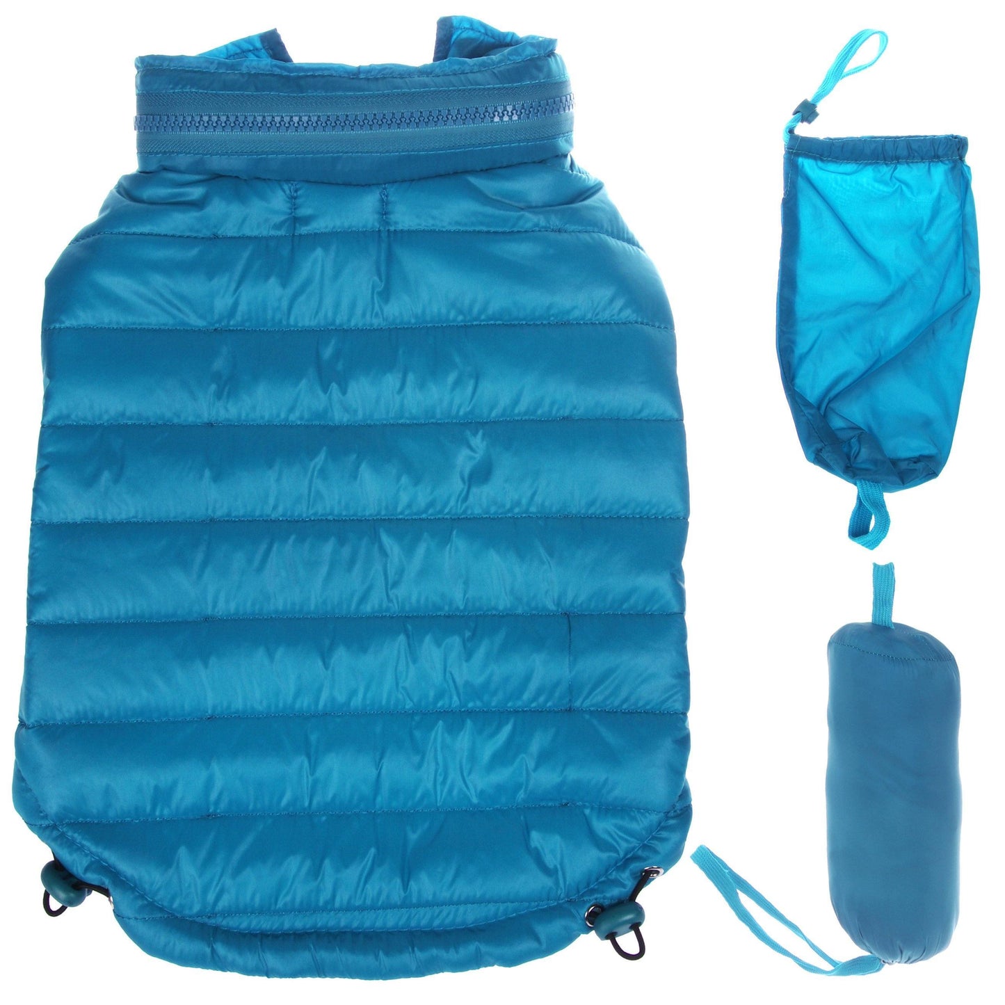 Blue puffer dog vest with detachable hood on a white background