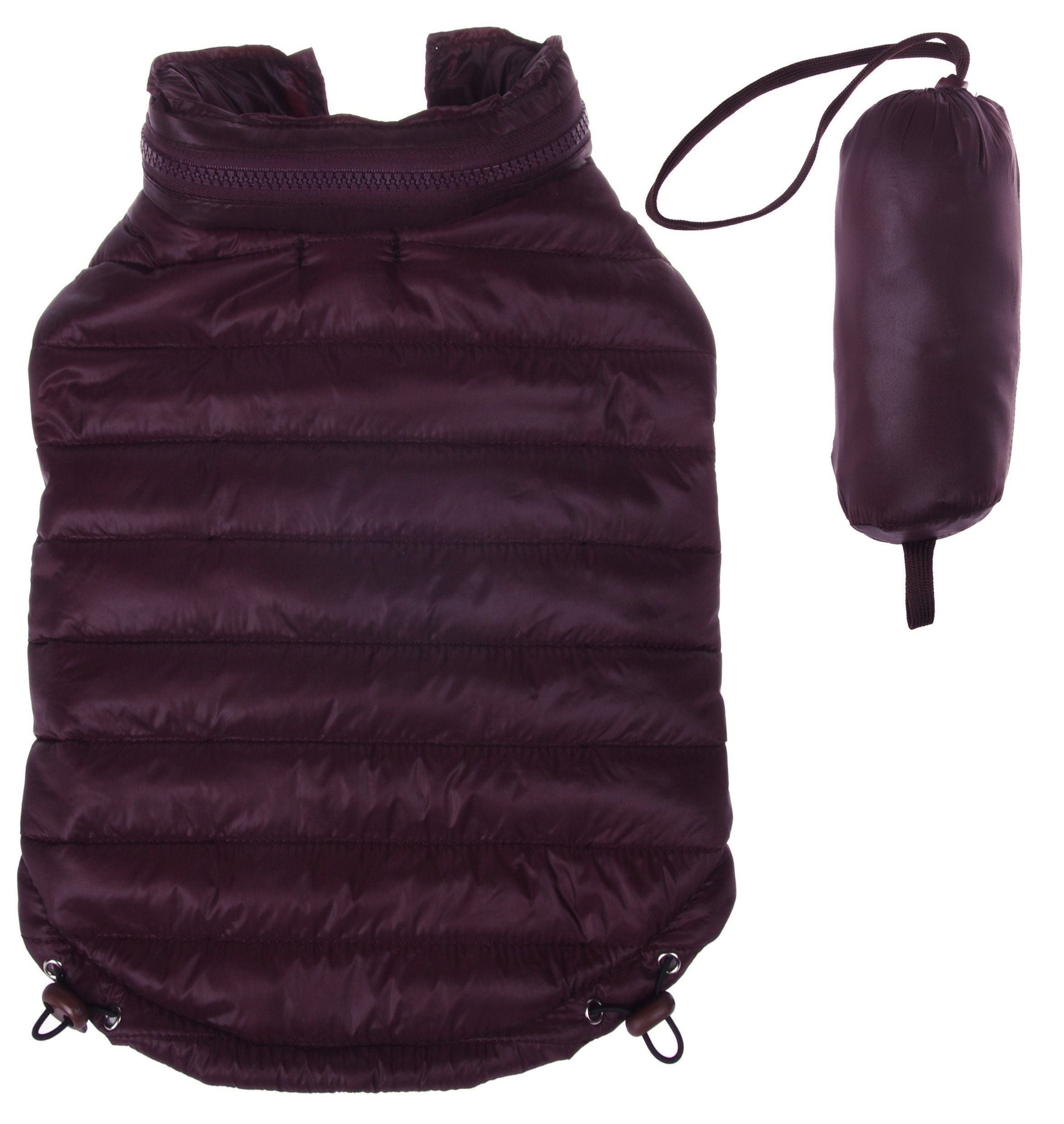 Purple puffer dog coat with matching pouch on a white background