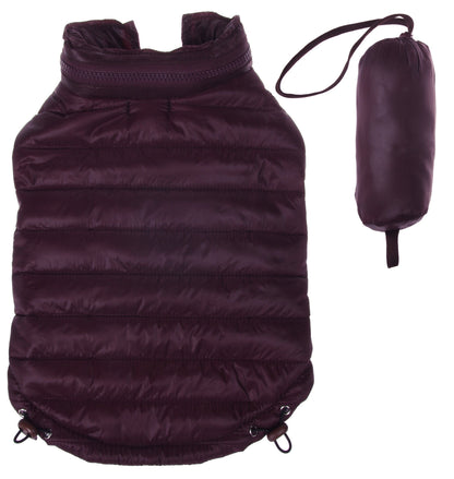 Purple puffer dog coat with matching pouch on a white background