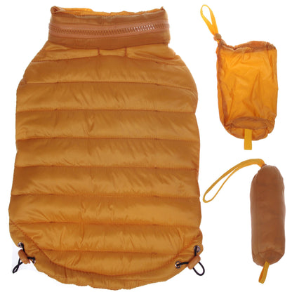Orange puffer dog coat with a matching pouch on a white background