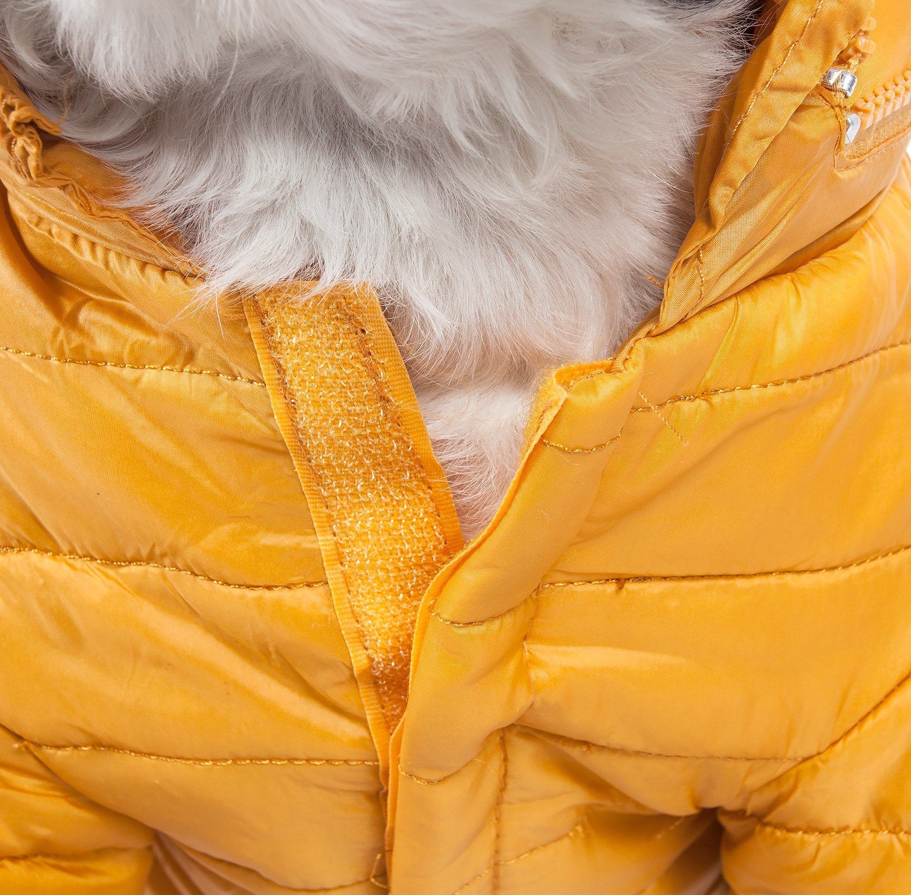 Close-up of a yellow puffer jacket with fur lining on a white background