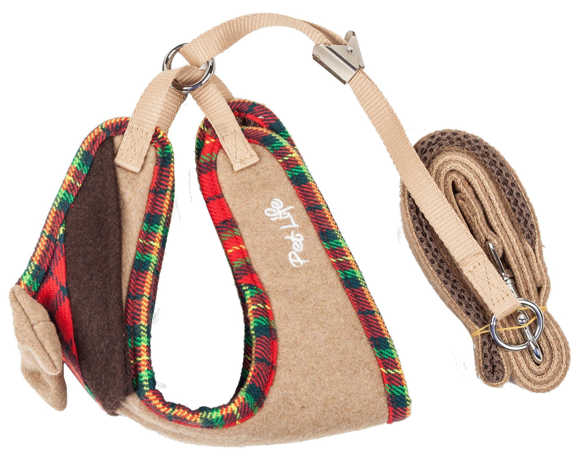 Dog harness and leash set with colorful plaid pattern on a white background
