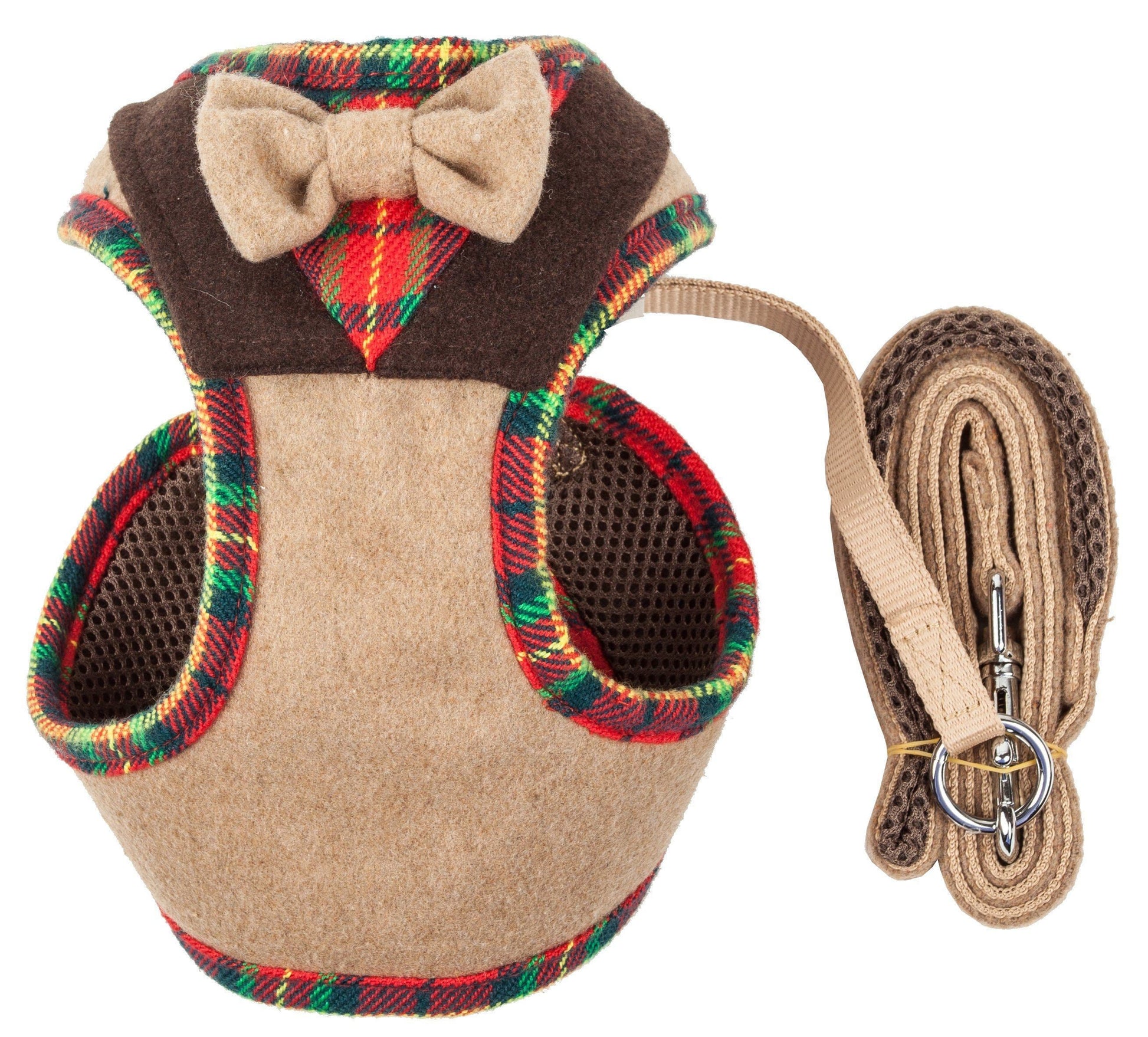 Pet outfit with plaid accents and a bow tie, paired with a matching leash on a white background.